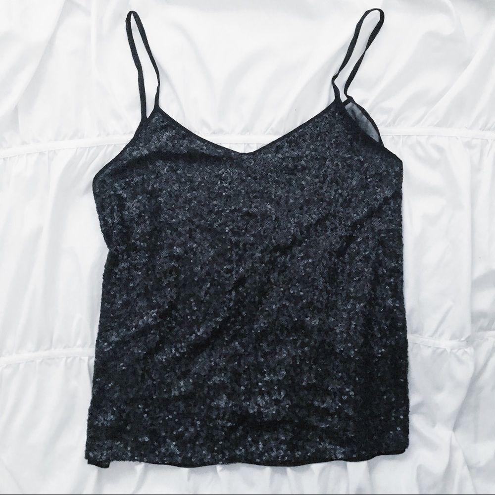 Zara Basic Black Sequin Tank Top Sheer Back Party Top